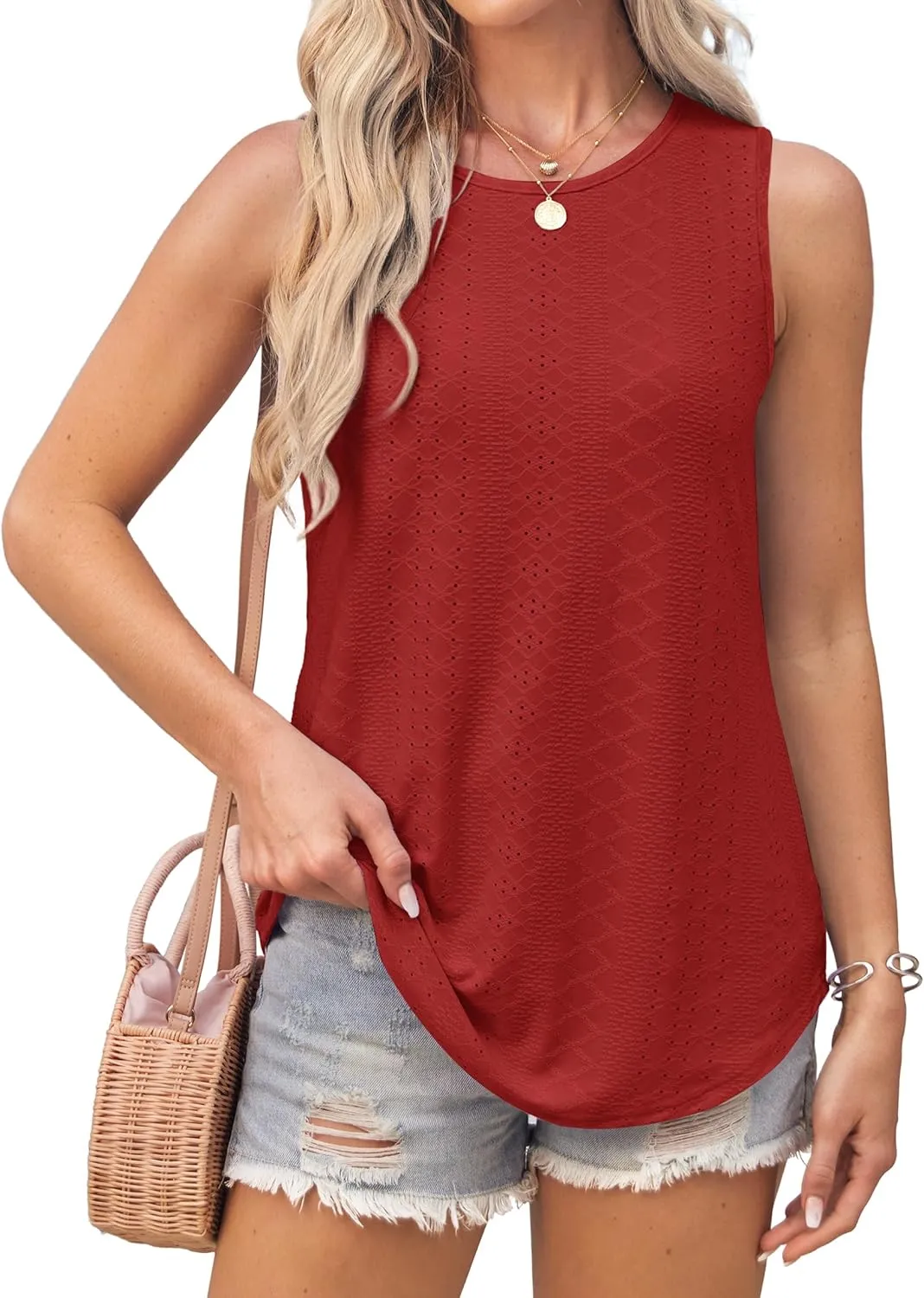 Womens Tank Tops Round Neck Sleeveless Shirts Flowy Loose Fit Basic Casual Eyelet Summer Tops Fashion Tanks