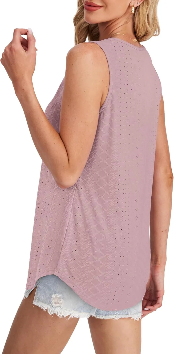 Womens Tank Tops Round Neck Sleeveless Shirts Flowy Loose Fit Basic Casual Eyelet Summer Tops Fashion Tanks