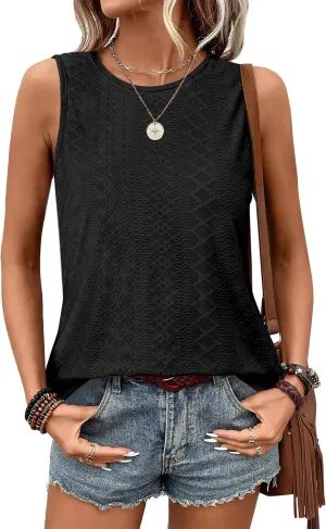 Womens Tank Tops Round Neck Sleeveless Shirts Flowy Loose Fit Basic Casual Eyelet Summer Tops Fashion Tanks