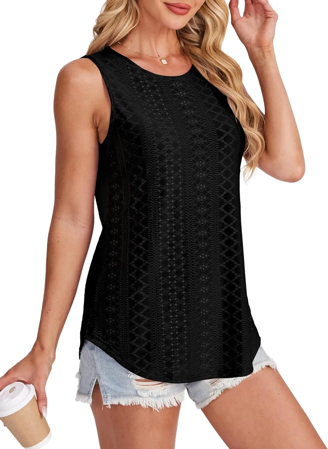 Womens Tank Tops Round Neck Sleeveless Shirts Flowy Loose Fit Basic Casual Eyelet Summer Tops Fashion Tanks