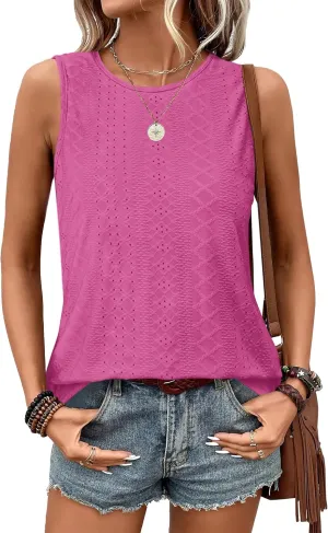 Womens Tank Tops Round Neck Sleeveless Shirts Flowy Loose Fit Basic Casual Eyelet Summer Tops Fashion Tanks