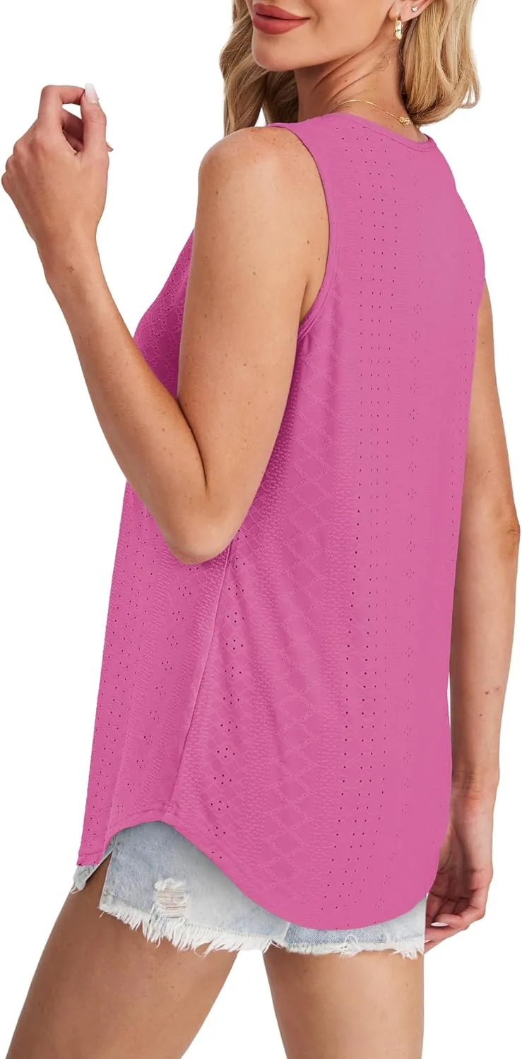 Womens Tank Tops Round Neck Sleeveless Shirts Flowy Loose Fit Basic Casual Eyelet Summer Tops Fashion Tanks