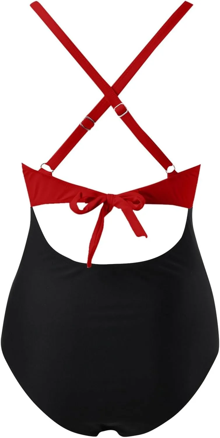 Women's Tummy Control One-Piece Swimsuit with Sexy Cutout High-Waisted Twist Front V-Neck & Back Wrap Tie Bathing Suit