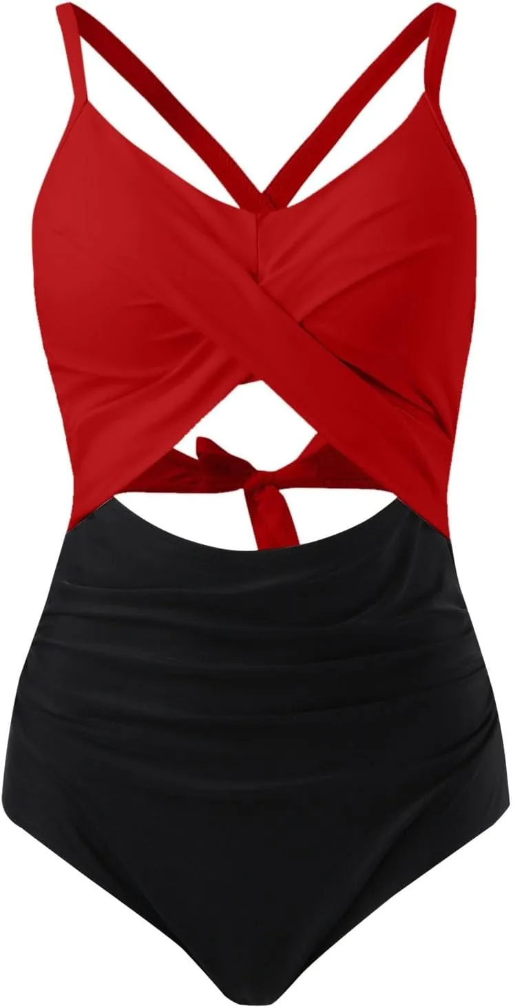 Women's Tummy Control One-Piece Swimsuit with Sexy Cutout High-Waisted Twist Front V-Neck & Back Wrap Tie Bathing Suit