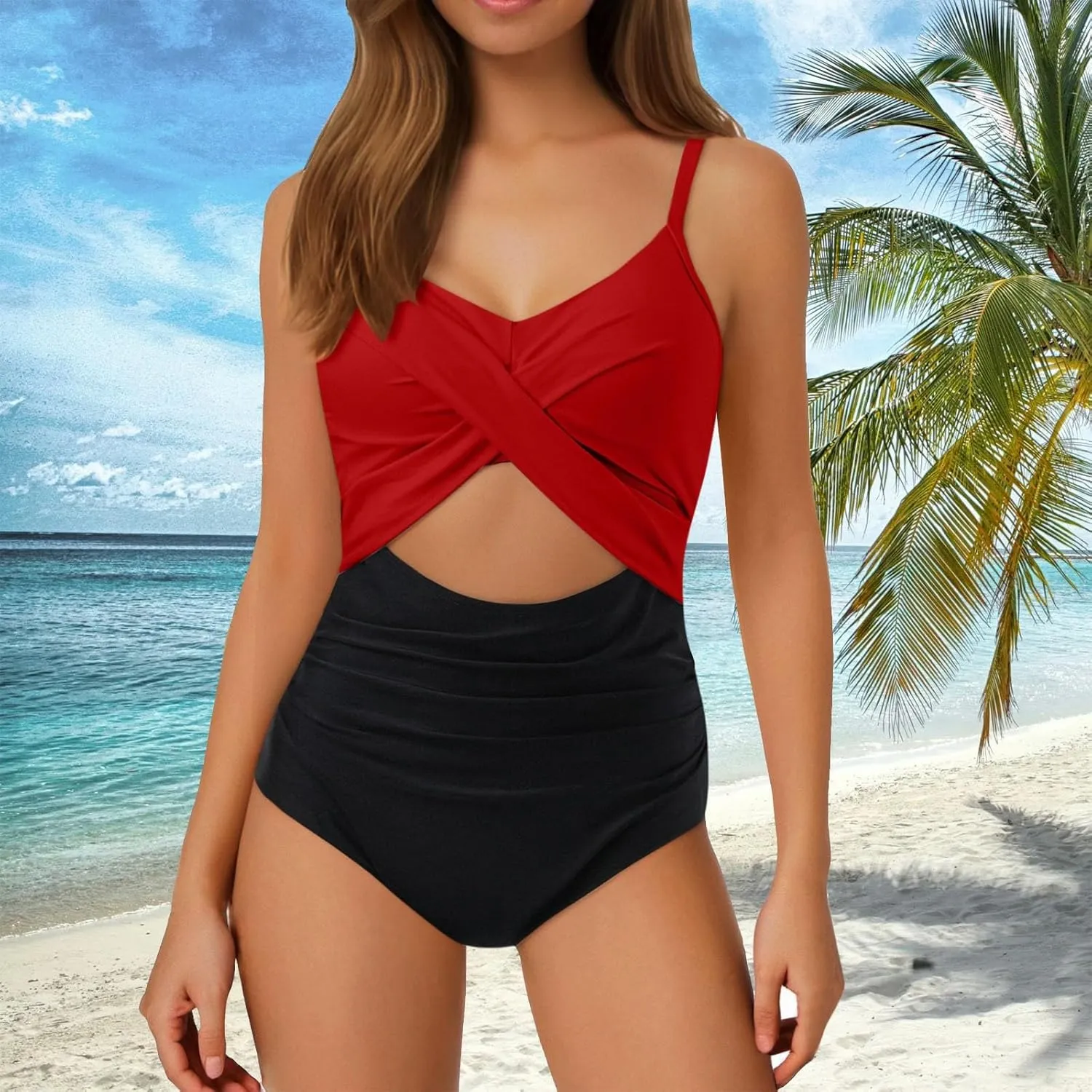 Women's Tummy Control One-Piece Swimsuit with Sexy Cutout High-Waisted Twist Front V-Neck & Back Wrap Tie Bathing Suit