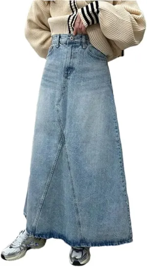 Women's Vintage Blue Denim Skirt Casual High Waist Slit Jean Medium and Long A-Line Skirts