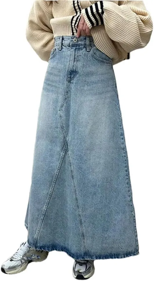Women's Vintage Blue Denim Skirt Casual High Waist Slit Jean Medium and Long A-Line Skirts