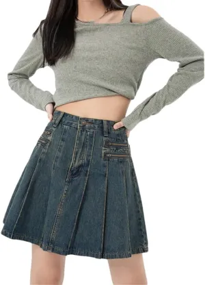 Women's Vintage Denim Half Body Skirt Zipper Pleated High Waist Casual A-Line Jean Short Skirts