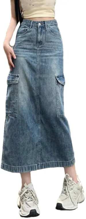 Women's Vintage Denim Jeans Skirt Washed Multiple Pockets Long Skirts