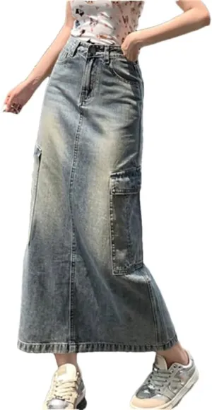 Women's Vintage Denim Jeans Skirt Washed Multiple Pockets Long Skirts