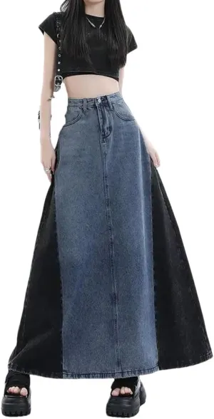 Women's Vintage Denim Long Skirt High Waist Splicing Long Jean Skirts