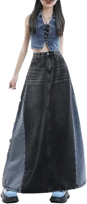 Women's Vintage Denim Long Skirt High Waist Splicing Long Jean Skirts