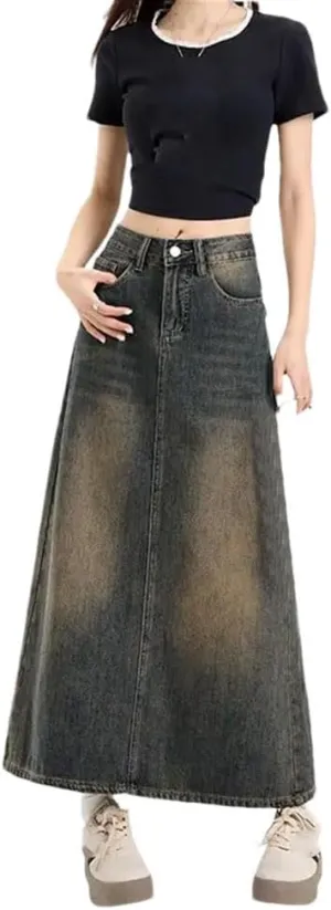 Women's Vintage Denim Skirt High Waist Slit Pockets Mid-Length Skirts