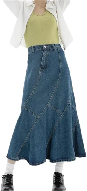 Women's Vintage Denim Trumpet Skirts Solid Casual Irregular High Waist Long Mermaid Jean Skirt