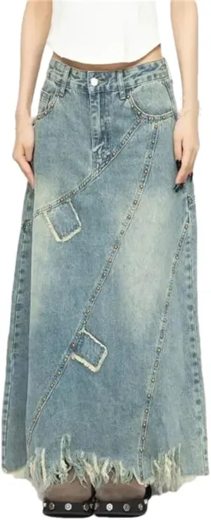 Women's Vintage Edge Denim Skirt Y2k High Waist A-Line Mid-Length Skirts
