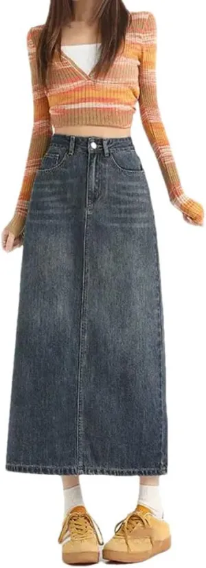 Women's Vintage Embroidered Split Denim Skirt Mid-Length Slim Package Hip Skirts