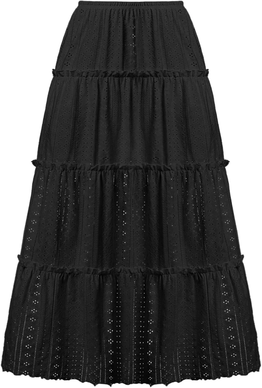 Women's Vintage Embroidery Eyelet Maxi Skirt High Elastic Waisted Tiered Pleated Solid A-Line Flowy Swing Long Skirts