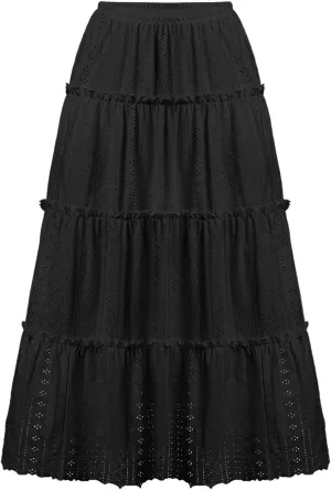 Women's Vintage Embroidery Eyelet Maxi Skirt High Elastic Waisted Tiered Pleated Solid A-Line Flowy Swing Long Skirts