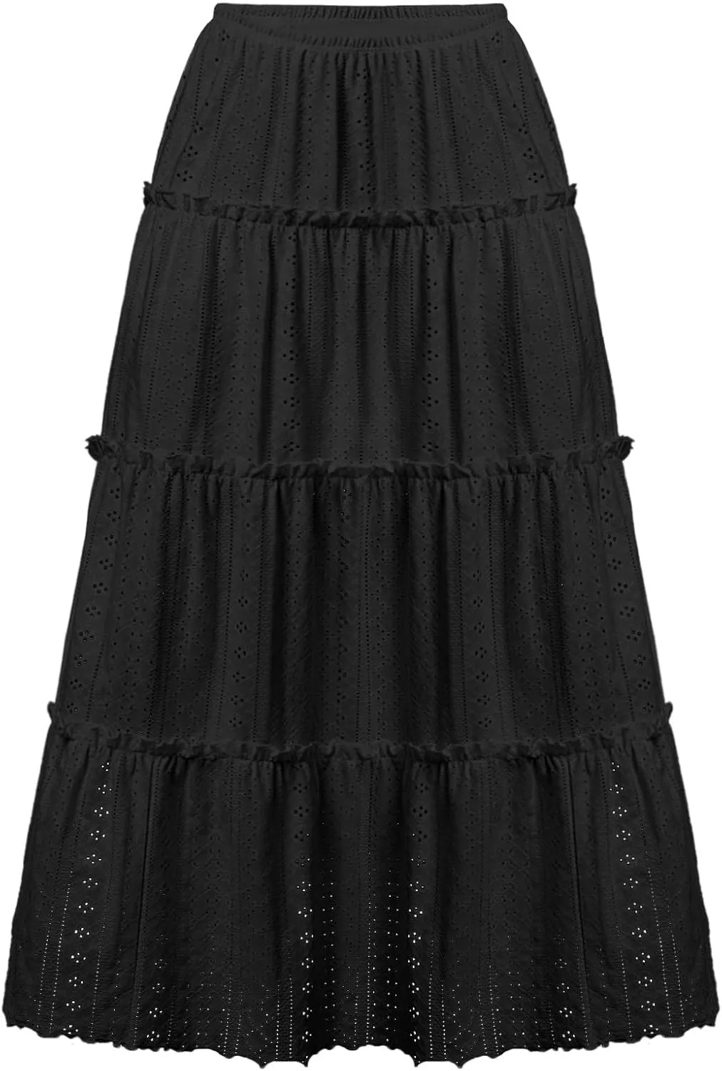 Women's Vintage Embroidery Eyelet Maxi Skirt High Elastic Waisted Tiered Pleated Solid A-Line Flowy Swing Long Skirts