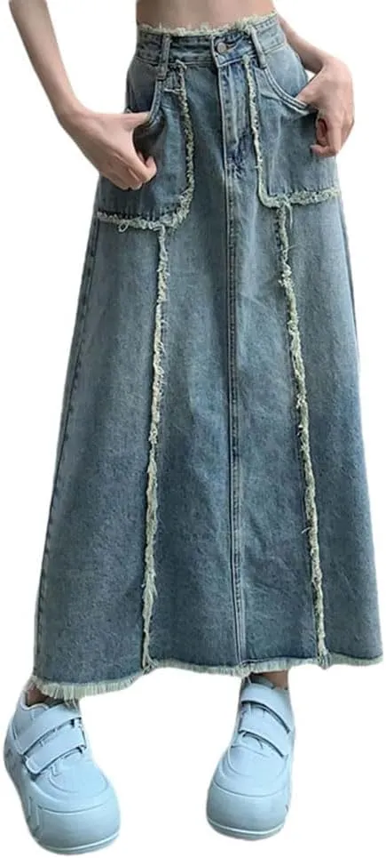 Women's Vintage High Waist Denim Skirt Streetwear Y2k Edge Jeans with Pockets Skirts