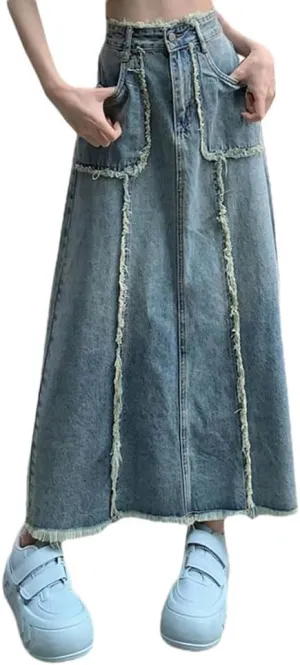 Women's Vintage High Waist Denim Skirt Streetwear Y2k Edge Jeans with Pockets Skirts