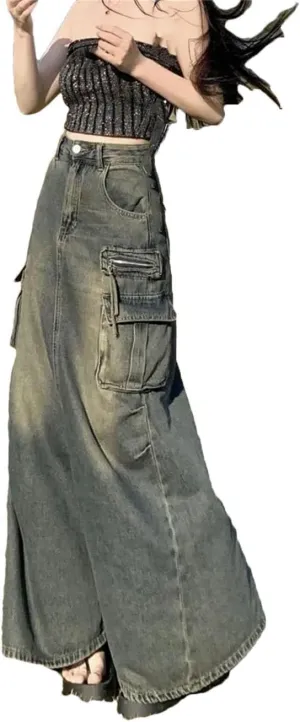 Women's Vintage High Waist Pocket Cargo Jeans Skirts Y2k Solid Split Denim Long Skirt