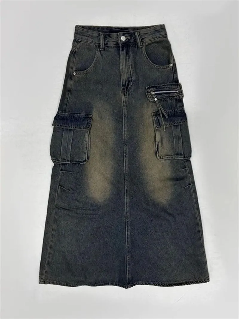 Women's Vintage High Waist Pocket Cargo Jeans Skirts Y2k Solid Split Denim Long Skirt