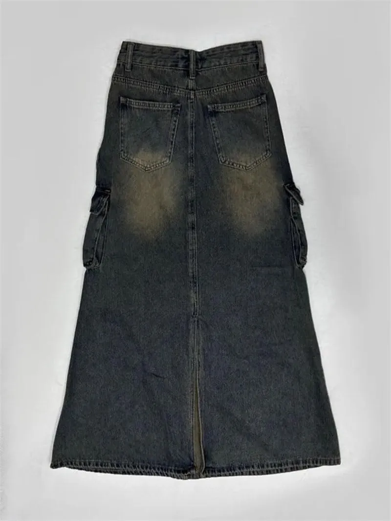 Women's Vintage High Waist Pocket Cargo Jeans Skirts Y2k Solid Split Denim Long Skirt