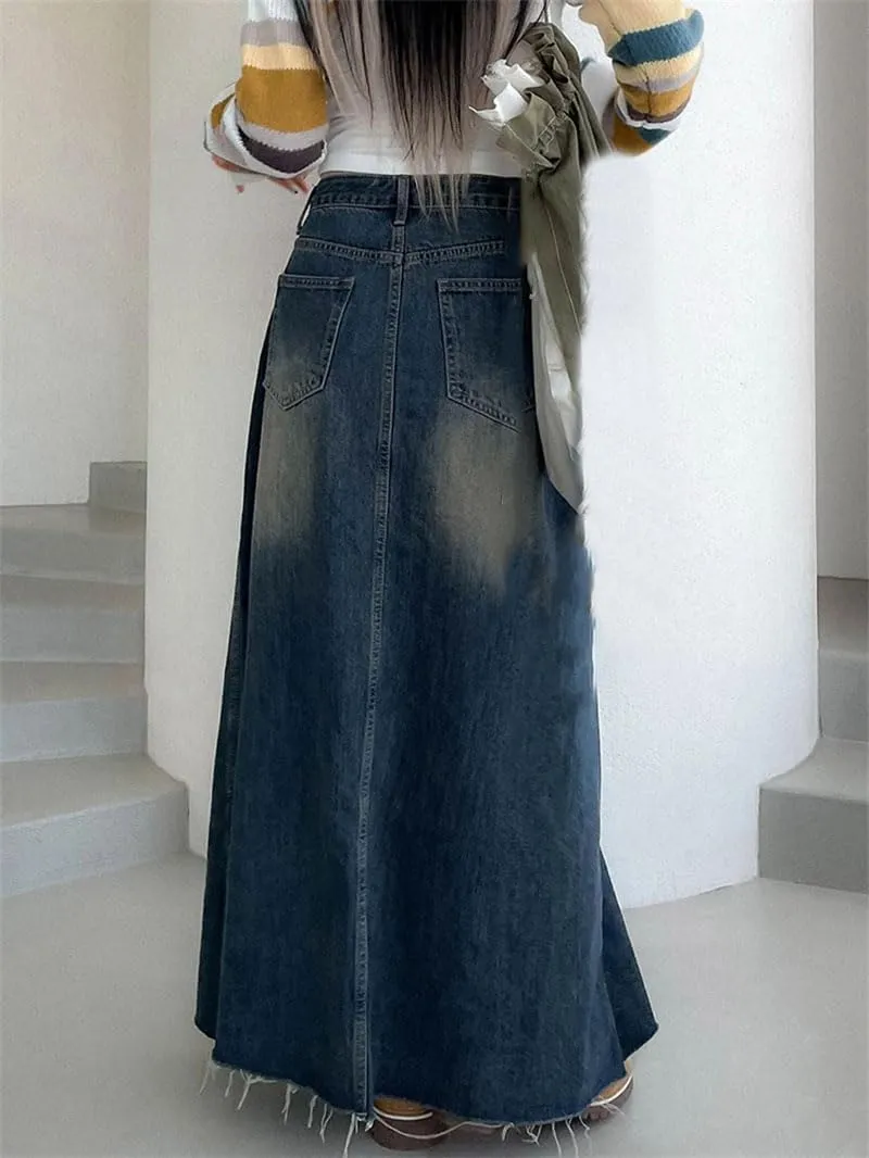 Women's Vintage Jean Skirt Y2k Midi Harajuku Casual Denim Long Skirts