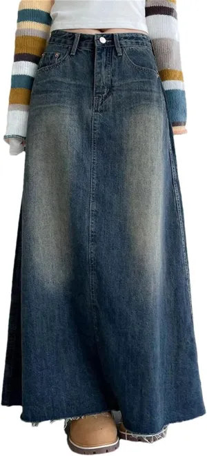 Women's Vintage Jean Skirt Y2k Midi Harajuku Casual Denim Long Skirts