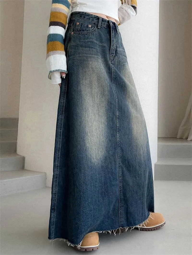 Women's Vintage Jean Skirt Y2k Midi Harajuku Casual Denim Long Skirts