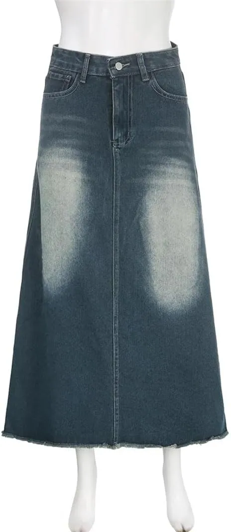 Women's Vintage Jean Skirt Y2k Midi Harajuku Casual Denim Long Skirts