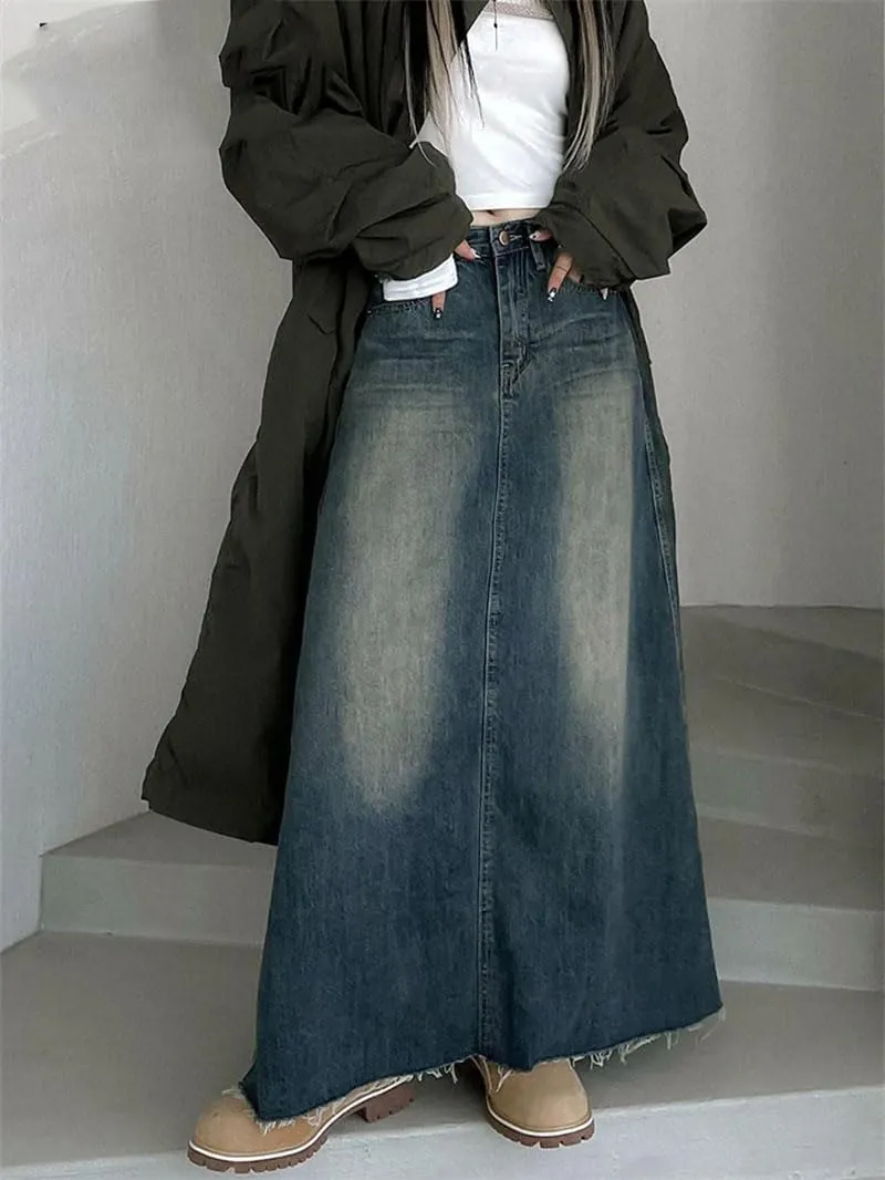 Women's Vintage Jean Skirt Y2k Midi Harajuku Casual Denim Long Skirts