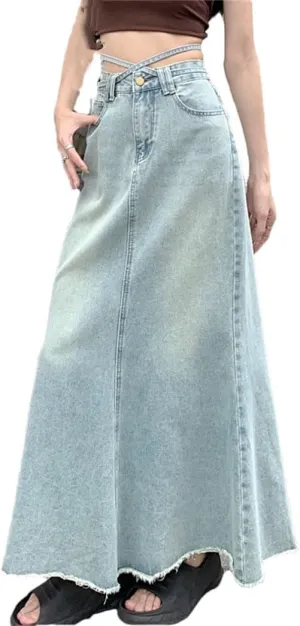 Women's Vintage Long Jeans Trumpet Skirts High Waist Casual Loose Denim Skirt