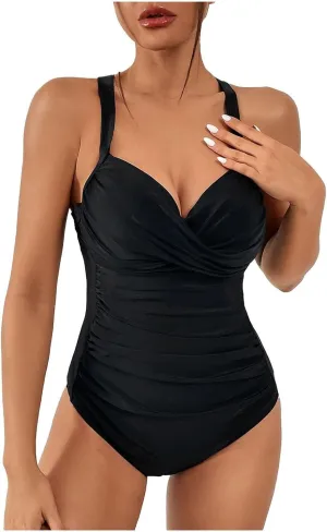Women's Vintage Padded Push Up Swimsuits Bathing Suits Ruched Retro Swimwear Vacation Neon Bikini