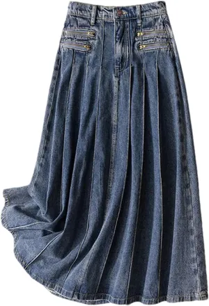 Women's Vintage Pleated Denim Skirt Summer Mid Length Zipper High Waisted Long Casual Jeans Skirts
