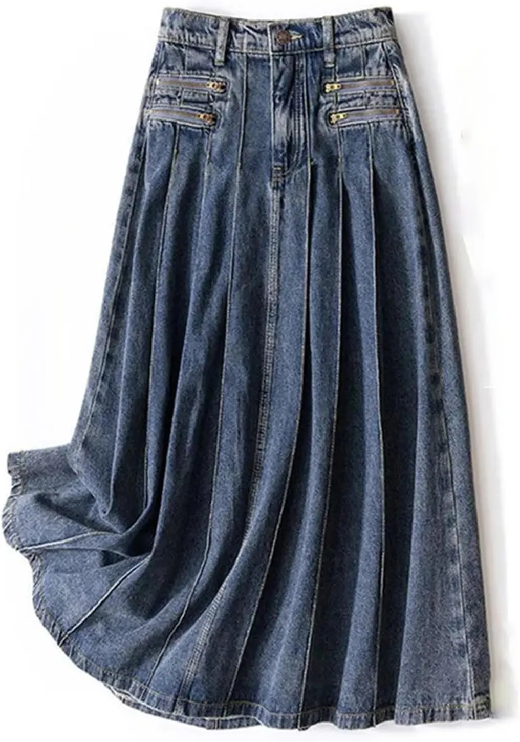 Women's Vintage Pleated Denim Skirt Summer Mid Length Zipper High Waisted Long Casual Jeans Skirts