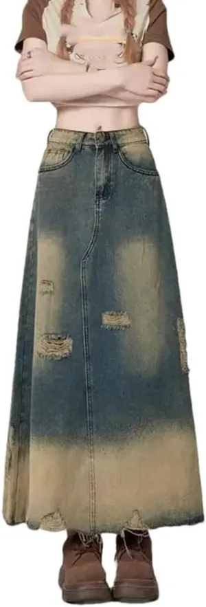 Women's Vintage Ripped Denim Skirt Y2k Slim High Waist A-Line Long Skirts