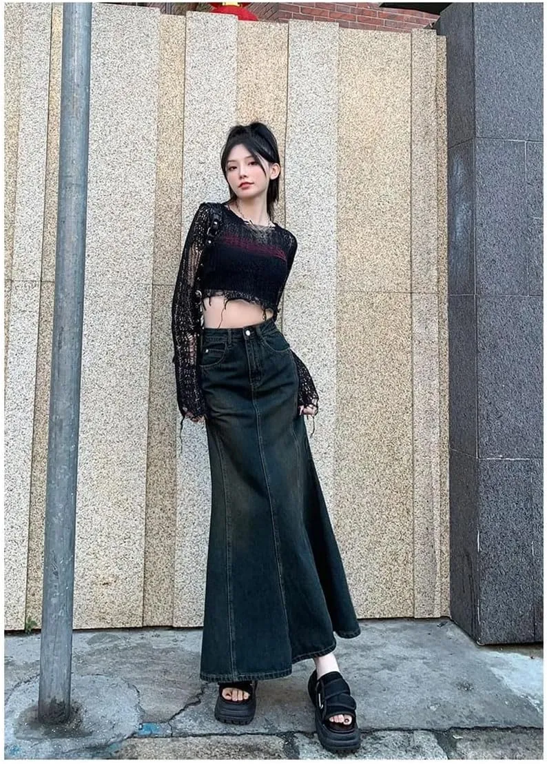 Women's Vintage Solid Denim Skirt High Waist Slim Mid Length Wrapped Hip Skirts