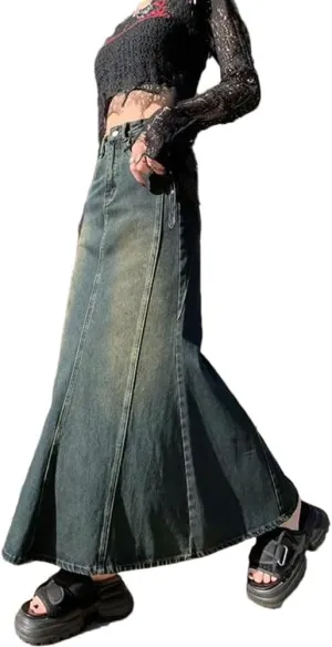 Women's Vintage Solid Denim Skirt High Waist Slim Mid Length Wrapped Hip Skirts
