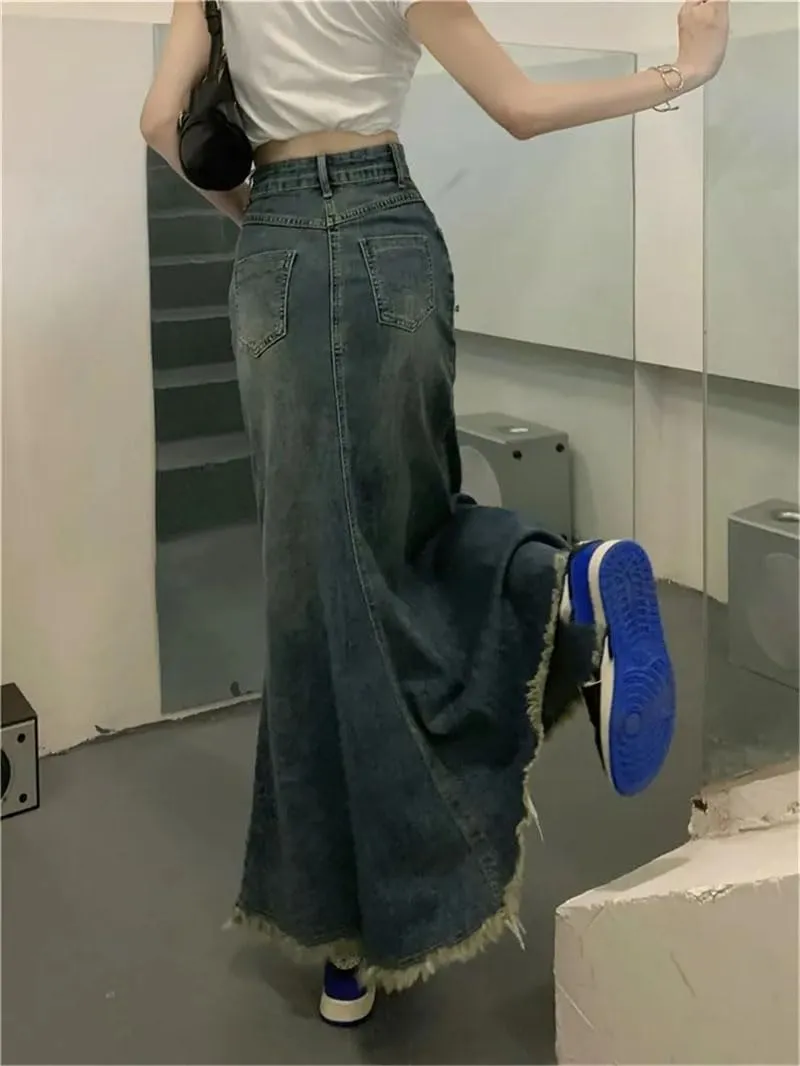 Women's Vintage Tassels Long Denim Skirt High Waist Bodycon Fishtail Y2k Casual Skirts