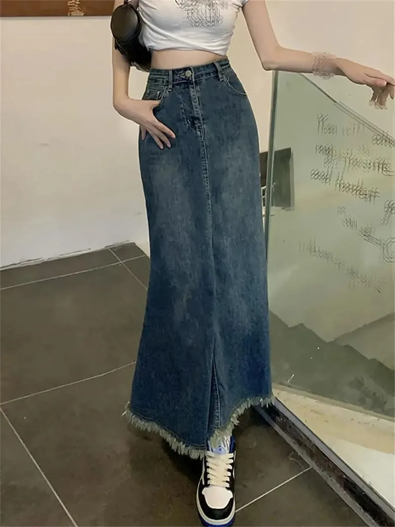 Women's Vintage Tassels Long Denim Skirt High Waist Bodycon Fishtail Y2k Casual Skirts