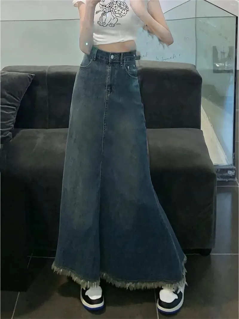 Women's Vintage Tassels Long Denim Skirt High Waist Bodycon Fishtail Y2k Casual Skirts