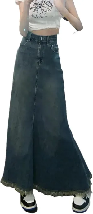 Women's Vintage Tassels Long Denim Skirt High Waist Bodycon Fishtail Y2k Casual Skirts