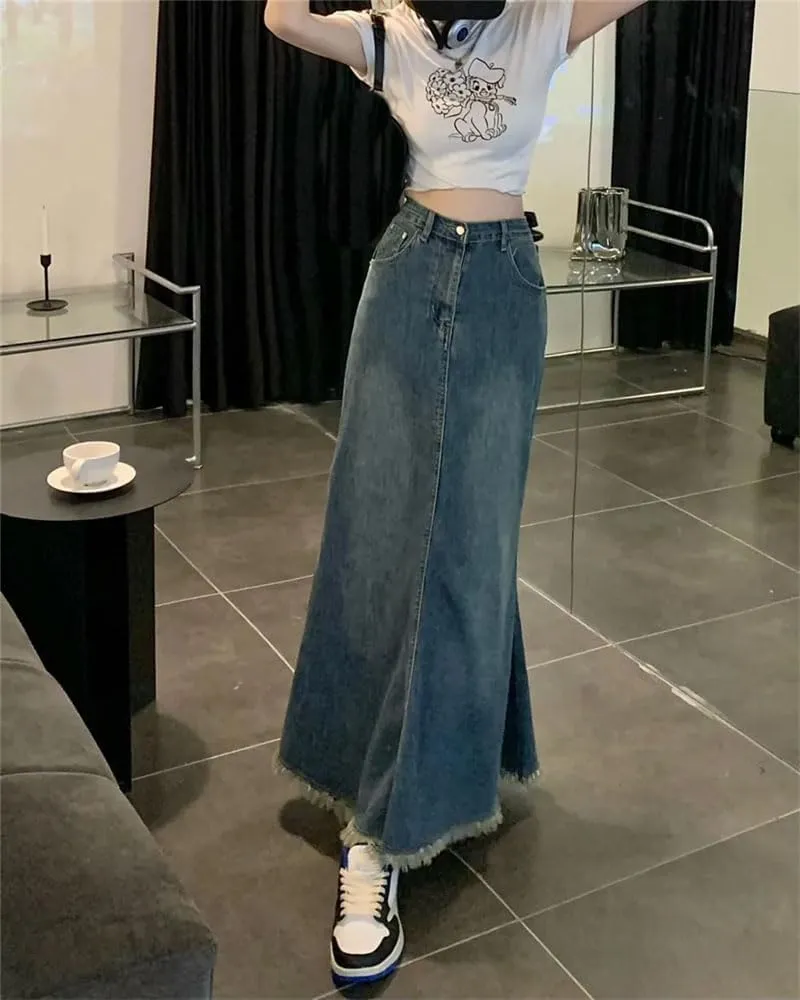 Women's Vintage Tassels Long Denim Skirt High Waist Bodycon Fishtail Y2k Casual Skirts