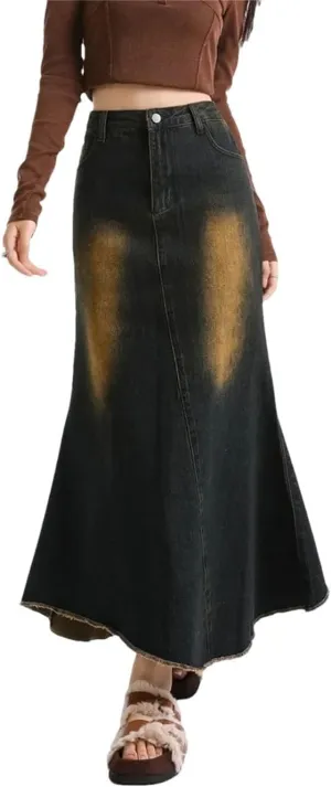 Women's Vintage Y2k Long Denim Skirt High Waist A-Line Jeans Skirts