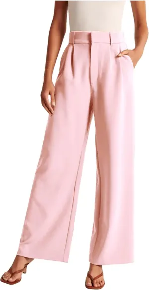 Women's Wide Leg Suit Pants High Waisted Business Work Pants Trousers Trendy Long Straight Pants with Pockets