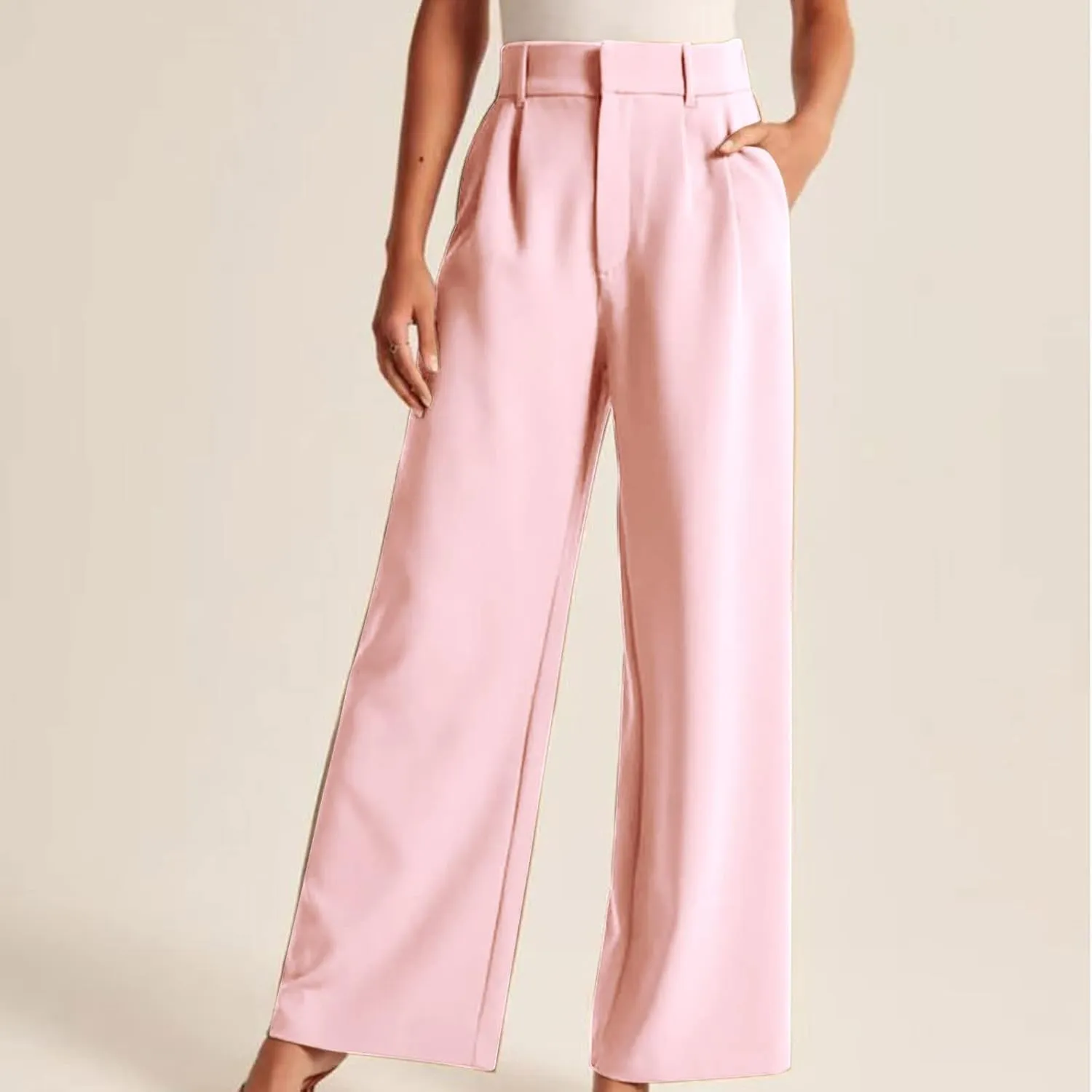 Women's Wide Leg Suit Pants High Waisted Business Work Pants Trousers Trendy Long Straight Pants with Pockets