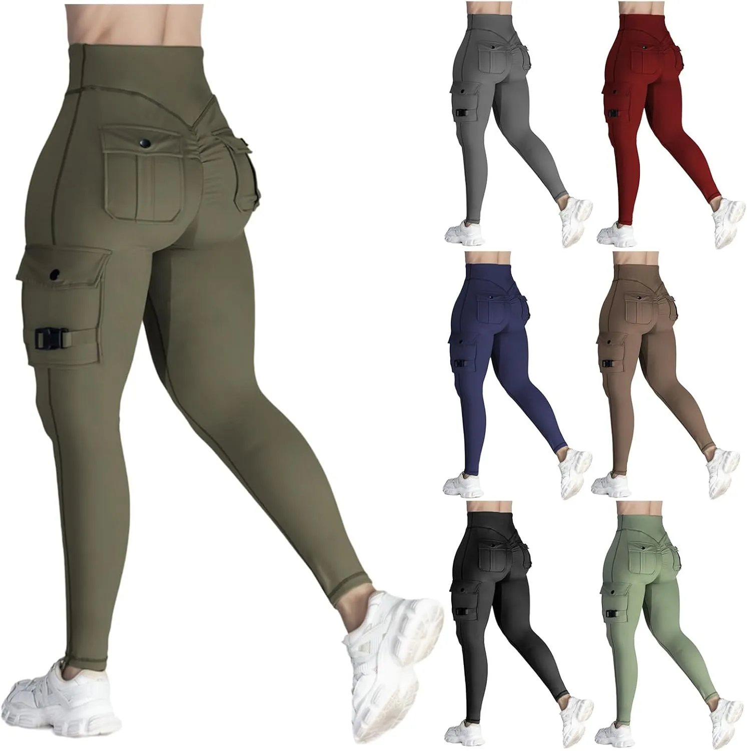 Workout Cargo Leggings with Pockets for Women Butt Lifting Yoga Pants High Waist Tummy Control Legging Compression Pant