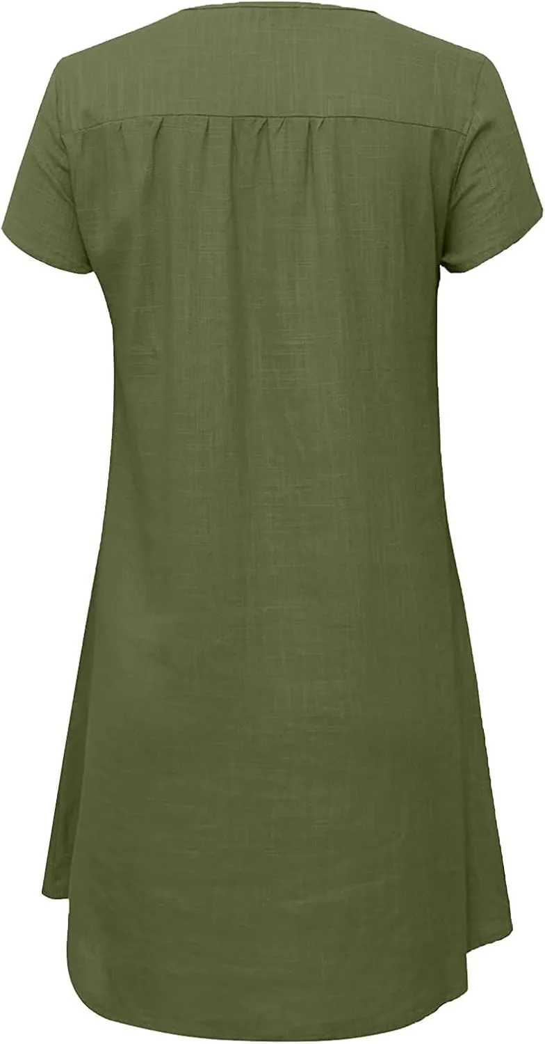 Xiaojmake Linen Dress for Women 2025 Summer Dresses V Neck Short Sleeve Sundress Plus Size Vacation Mini Beach Boho Dress